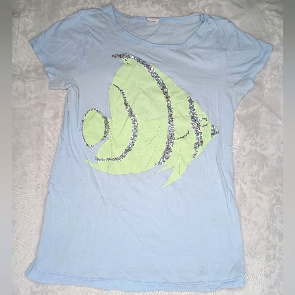 Crewcuts Girls Fish Graphic T-Shirt Sequins Blue Green Silver Tween Teen Size 14